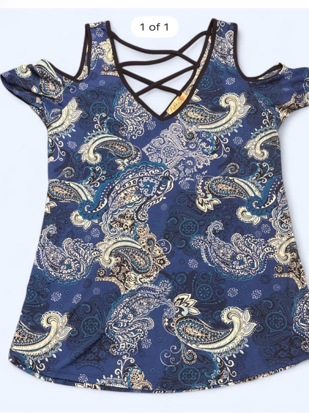 Cold-Shoulder Paisley V-Neck Top with Crisscross Straps - Blue